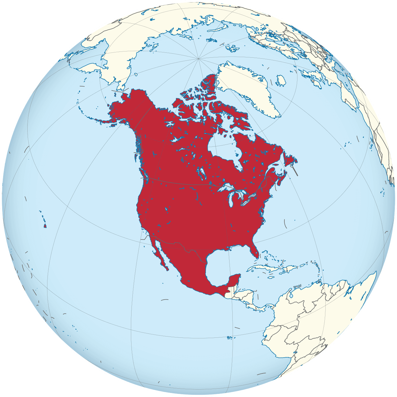 Mapa de América del Norte con Canadá, Estados Unidos y México destacados en rojo sobre fondo azul claro.