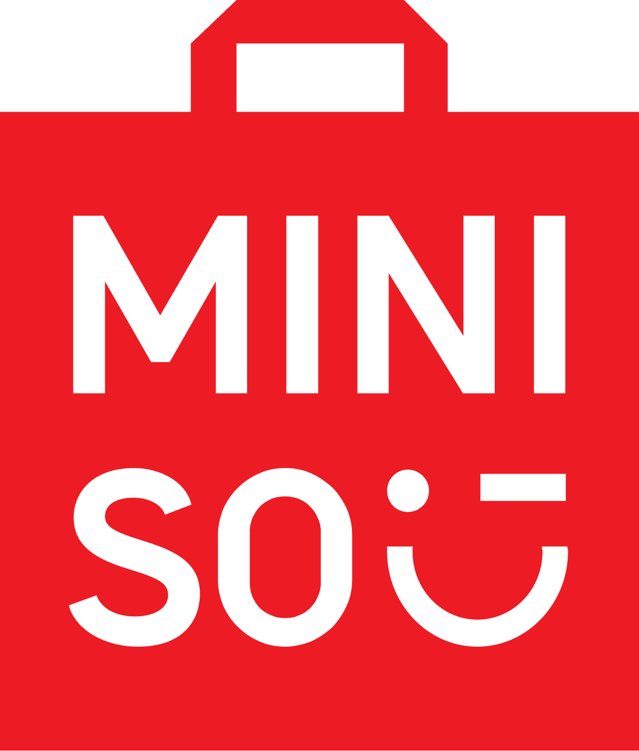 Bolsa de compras roja con las palabras MINI y SOU en blanco y un asa decorativa en la parte superior