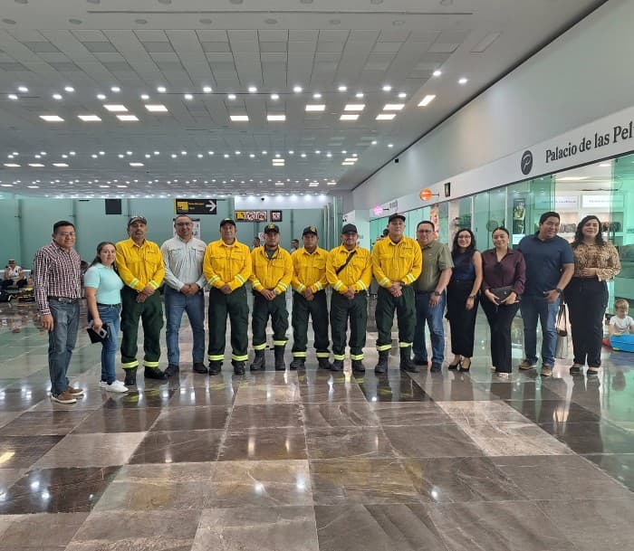 Grupo de 16 brigadistas de Quintana Roo en uniforme amarillo de protección civil posando en el aeropuerto antes de partir a Canadá para combatir incendios forestales.