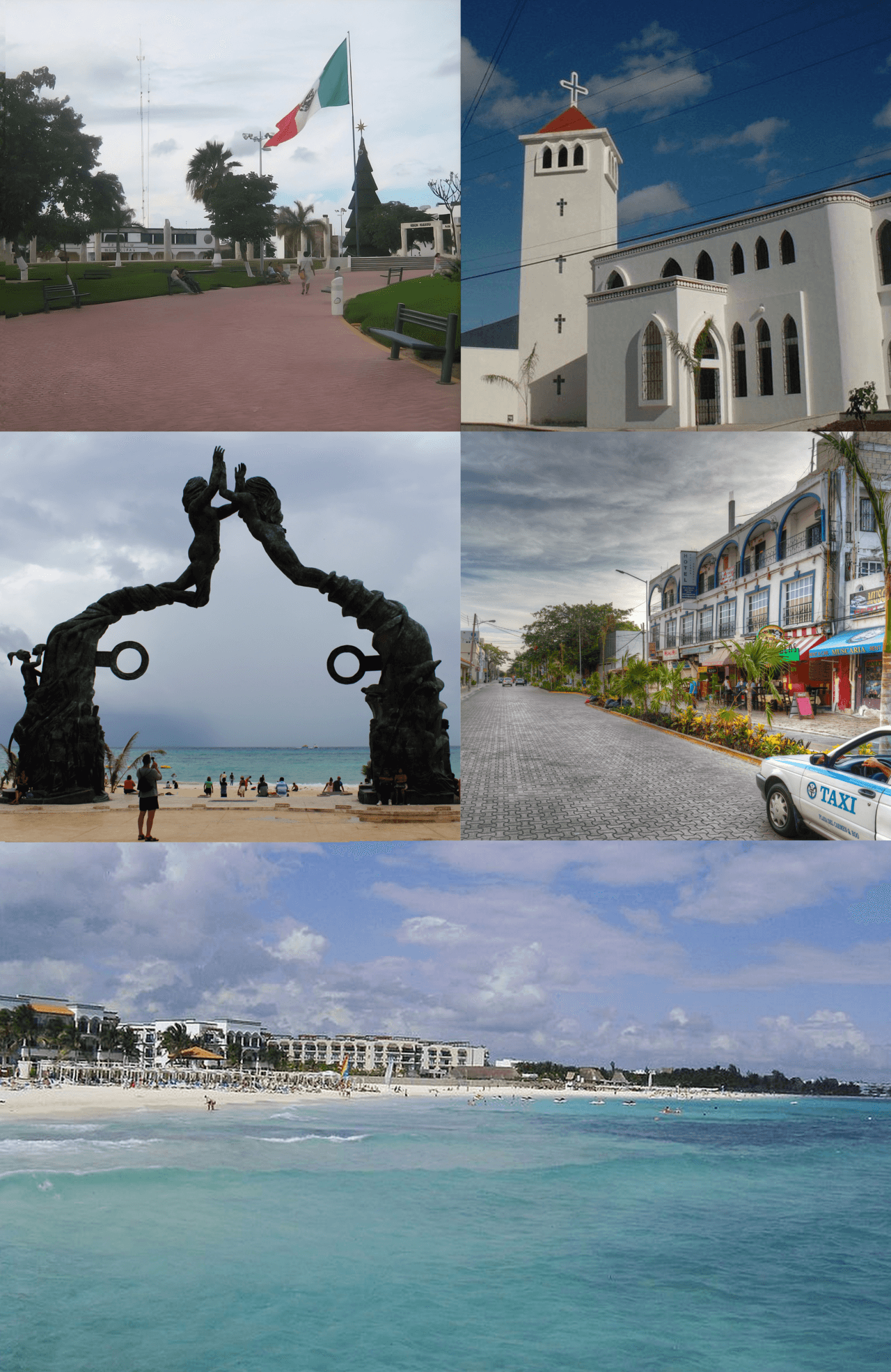 Collage de imágenes de Playa del Carmen mostrando monumentos, playas, arquitectura colonial, calles comerciales y espacios públicos.